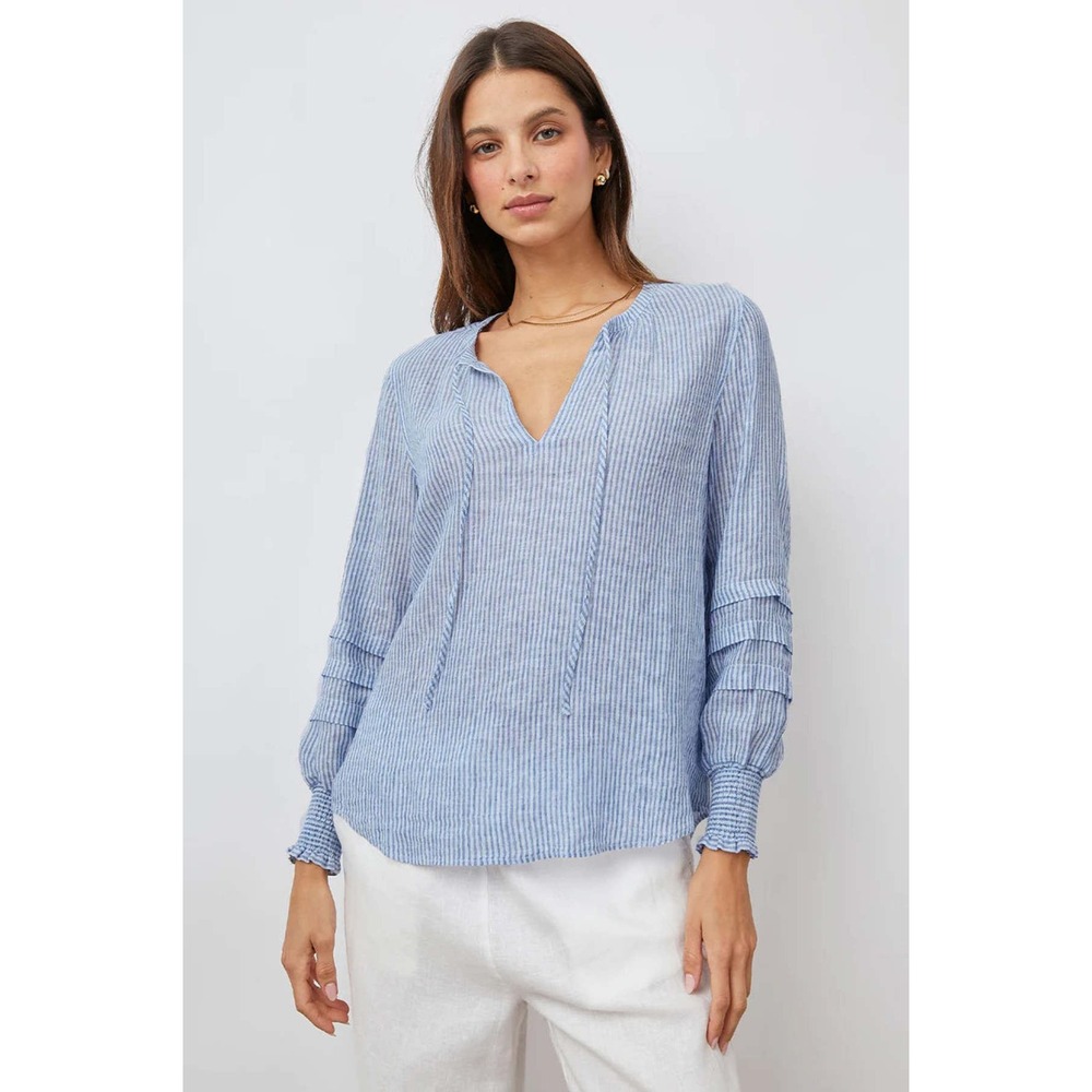 Rails Caterina Sanibel Stripe Linen Blend V-Neck Blouse Blue White Size M